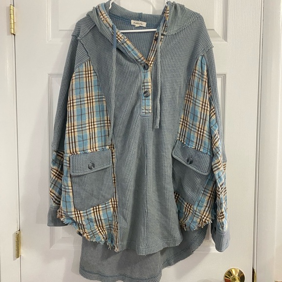 Oli & Hali blue rustic boho waffle knit oversized Henley hooded top M/L - Picture 3 of 11